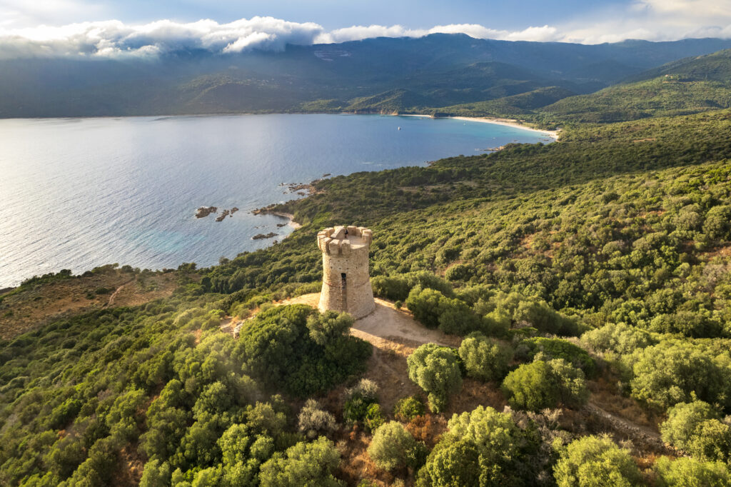 Tour génoise sur le littoral corse dominant la mer Méditerranée, symbole du patrimoine et des paysages de la Corse en hiver.