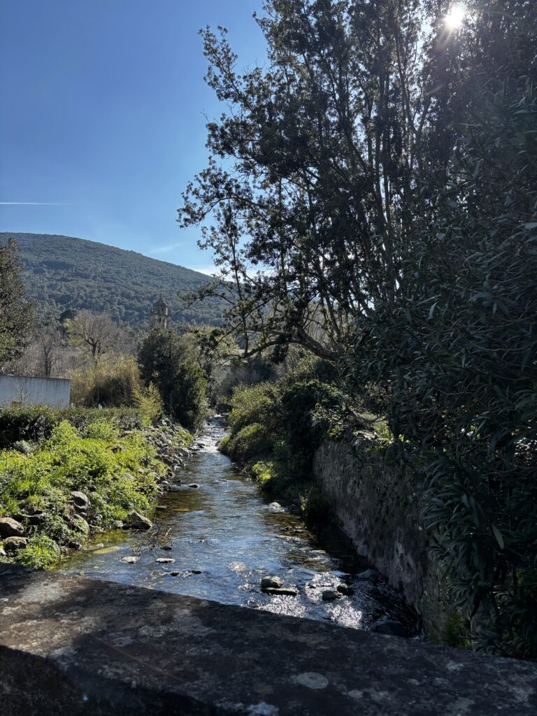 Rivière au cœur d’un village corse au printemps, entourée de végétation et montagnes, illustrant la nature préservée de la Corse en mai.